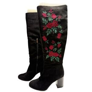 NIB Libby Edelmanan Sz 9 Black Suede and Embroidered Roses knee high boot